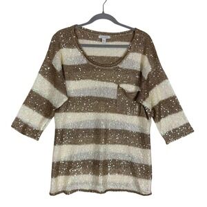 Boston Proper Sweater Womens Large Beige Striped Sequin Open Knit Pullover